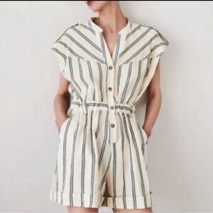 Zara Cotton Romper Striped Black Cream Gathered Waist, Pockets Buttons Size S